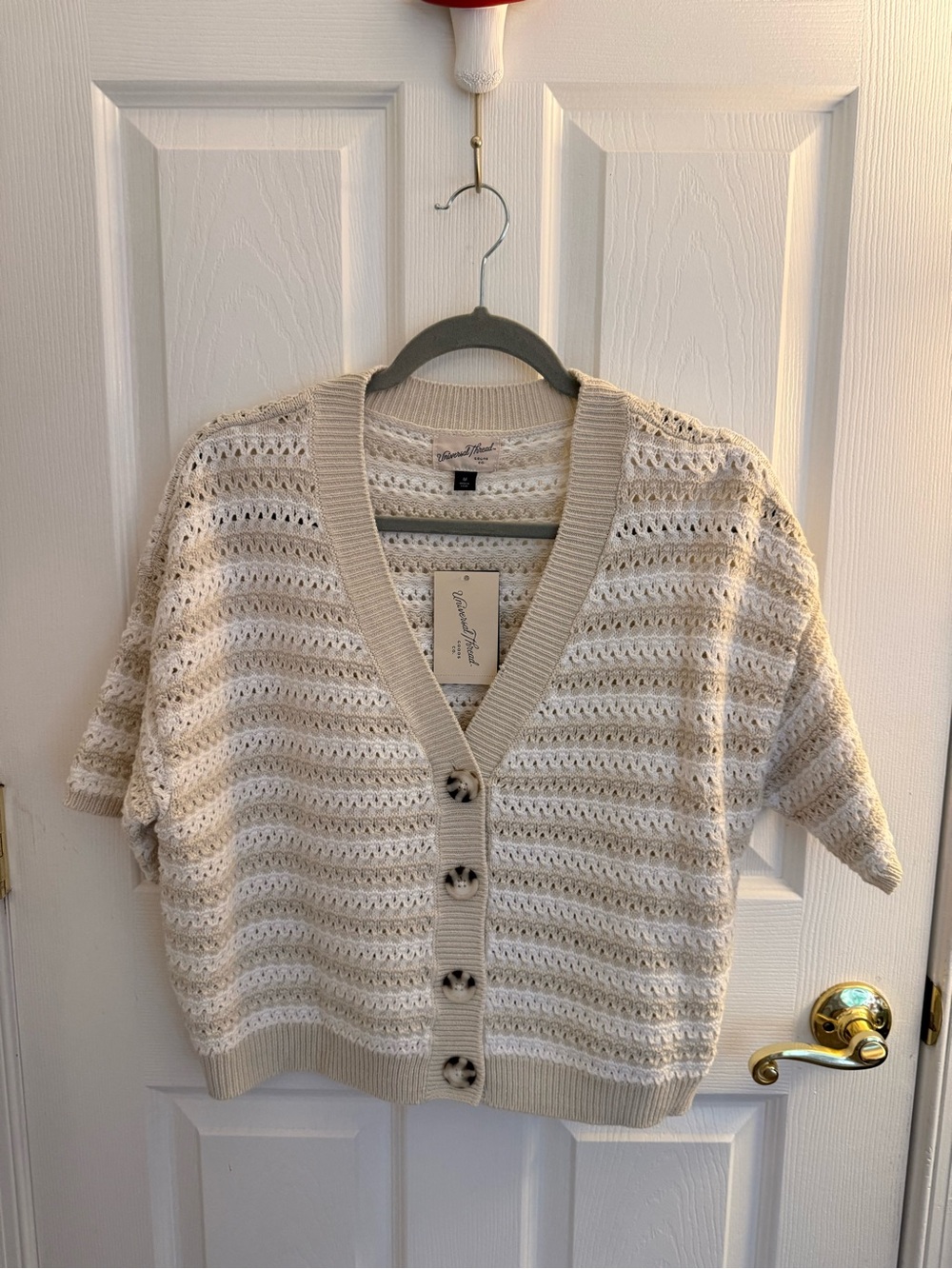 Universal Thread Cream Crochet Short-Sleeve V-Neck Button Cardigan